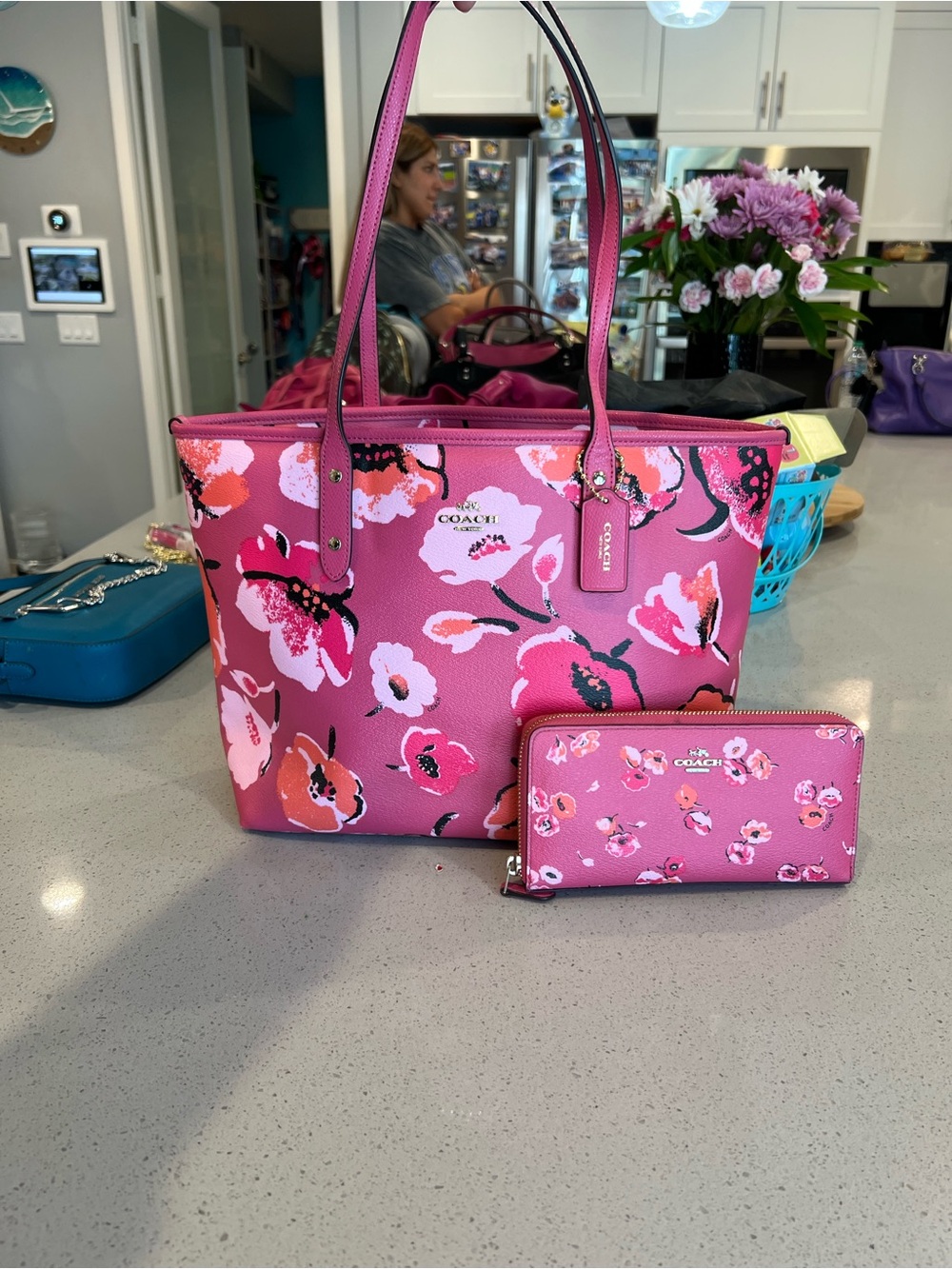 Coach Pink Floral Tote with Matching Zip Wallet